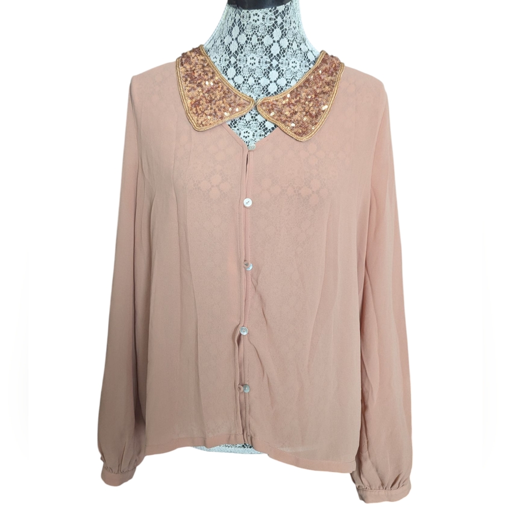 Women's Long Sleeve Blouse with Sequin Collar